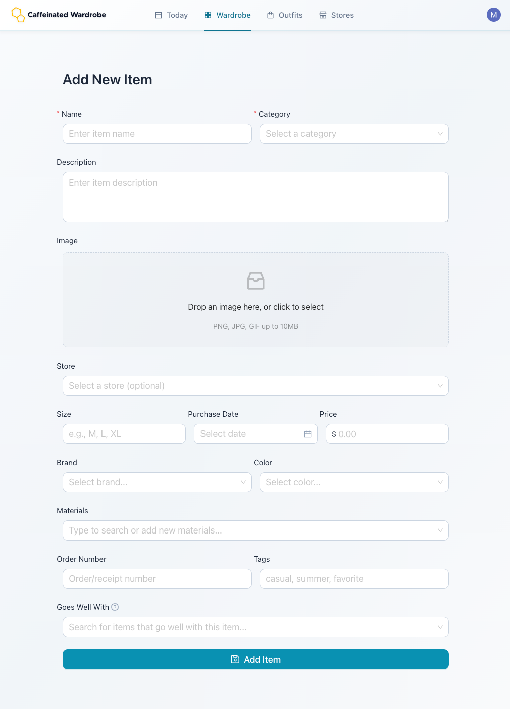 Caffeinated Wardrobe's Add Item form, empty